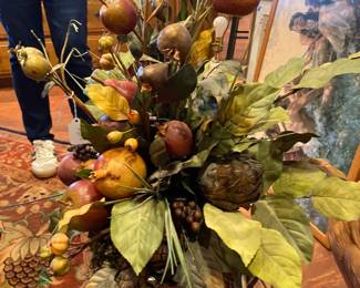 Fun floral arrangement in Italian porcelain oblong bowl.