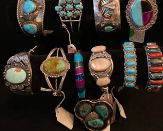 A sample of the numerous sterling Native American cuff bracelets available