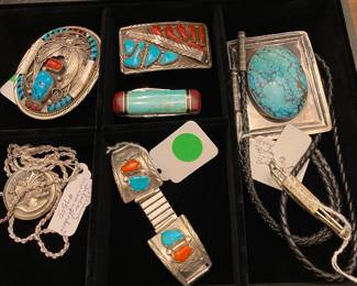 Men's items - Large beautiful bolo tie, small knife, buckles, and medallion.