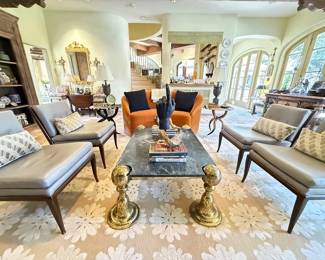 MCM brass and marble coffee table, (4) leather contemporary chairs