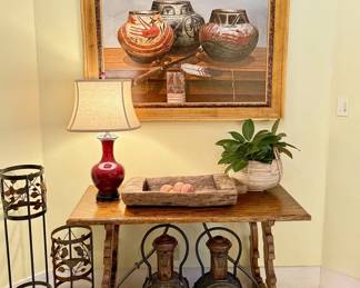 Look at this beautiful table, locomotive lamps, painting and antique trestle table