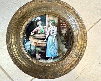 19th Century German hinged brass jewelry box with enameled plate and mirror inside