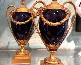 Pair of French cobalt handled urns