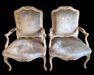 Pair of gray velvet carved French armchairs