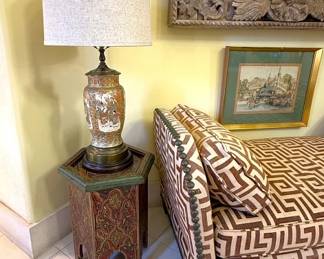 Moroccan painted table, Satsuma lamp, carved mirror and recamier