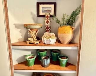 Antique pine cupboard lined in superb blue fabric
