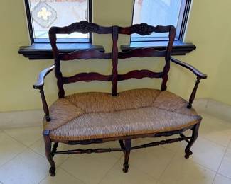 Antique French Country double bench with rush seat