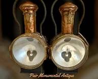 Pair of antique locomotive copper lamps that have been converted to electricity to use as porch lamps (with brackets)