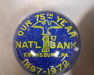 "Our 75th Year 1st Nat'l Bank Ebensburg, PA 1897-1972" paperweight