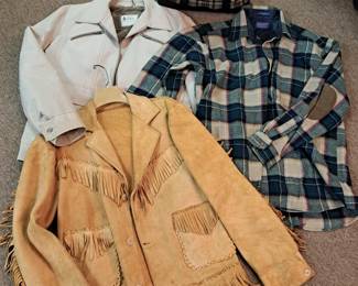 Pendleton flannel shirt w/ elbow patches and Pendleton travel bag. Vintage  London Fog jacket and suede leather jacket