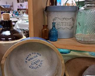 Stoneware. "It Pays To Mix With The Cash Grocery" blue stoneware bowl and "Butter" As Is blue/white stoneware