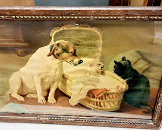 Much vintage and modern artwork-prints, oils and watercolors. Vintage "Good Companions" framed print