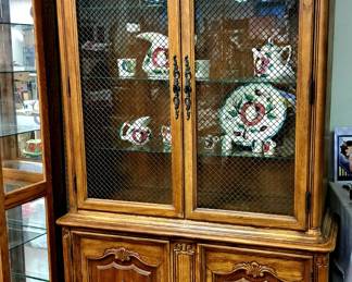 2 pcs. lighted French Country hutch w/ brass mesh over glass panel doors