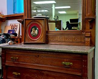 Much, much furniture. Antique marble top oak dresser with mirror-great condition with spoon carving details!!