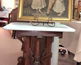 Antique white beveled edge marble top walnut table