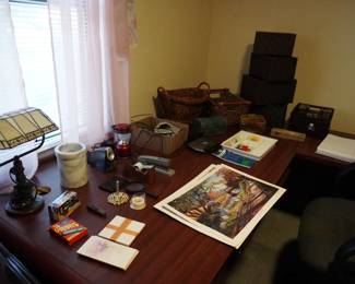 baskets, lamp, posters