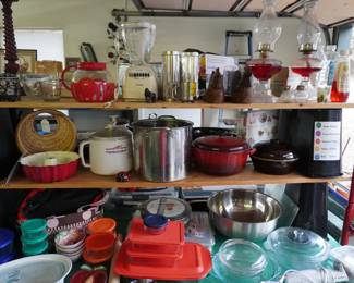 Pyrex, stock pot, oil lamps, bowls, bakeware