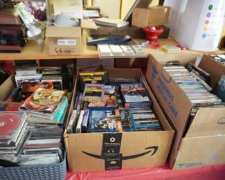 CDs, cassettes, DVDs, VHS