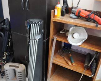 fan, storage cabinet, open shelf storage cabinet, misc tools