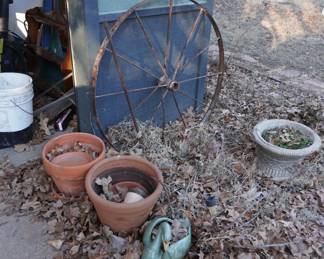 wagon wheel, flower pots