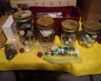 marbles, buttons, wood dominoes