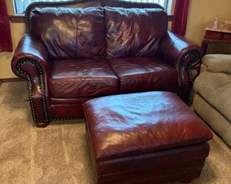 leather loveseat, foot stool