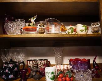 Hopalong Cassidy mug, tea pots, cranberry glass, Franciscan Apple Blossom sugar and creamer, measuring cups