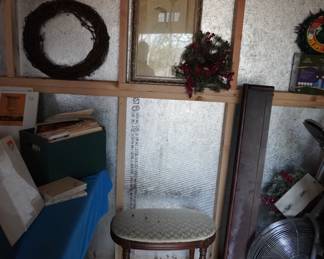 foot stool, Christmas lights, wreaths