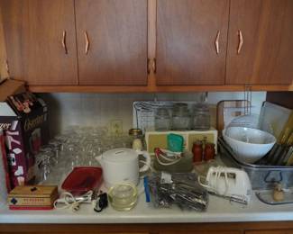 small appliances, flatware, bowls, vintage toaster,