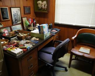 desk, chair, supplies, file cabinet