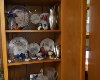decorative, painted china plates, mugs, basket