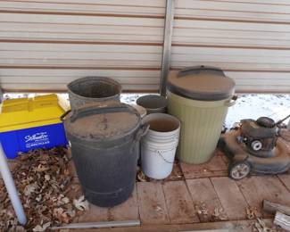 trash cans, push mower