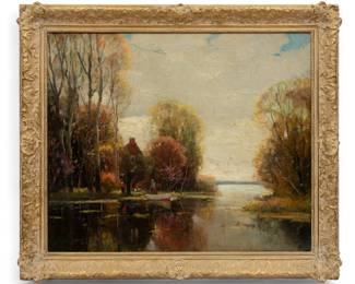 Lot 1002
Anthony Thieme (American, 1888-1954) Oil on Canvas Ca. 1920, "Dutch Landscape", H 25" W 30"