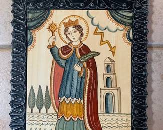 Nicolas and Mary Jo Madrid Saint Barbara retablo with tin frame, 2000