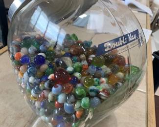 Antique Double Kay counter display jar filled with vintage and antique marbles