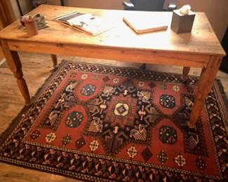 Rustic vintage desk and Pakistan rug, 6'6" x 5'