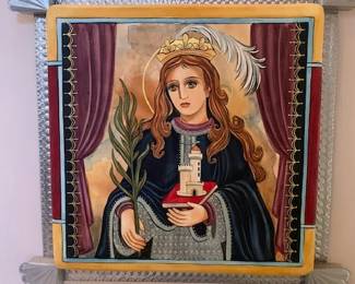 Large Arlene Cisneros Sena Saint Barbara retablo, tin frame by Richard Sena