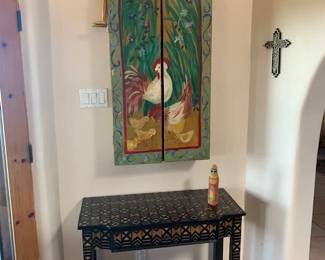 Butler inlaid wood side table with drawer, folk art chicken cabinet