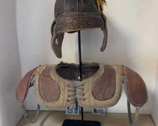 Vintage leather football helmet and pad set