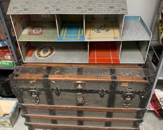 Antique trunk and metal doll house