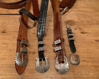 Vintage sterling silver belt buckle (ranger) sets L - R Kenneth Bill (Navajo), Gilbert Tom (Navajo), Sampson Werito (Navajo), unsigned (all include tips)