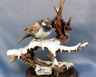 Giuseppe Armani "Sparrow In The Snow" Sculpture On Wood Base, 10" x 9.5" 
