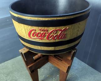 Coca-Cola Poly Ice Barrel On Wood Stand, 32" Tall x 24" Wide