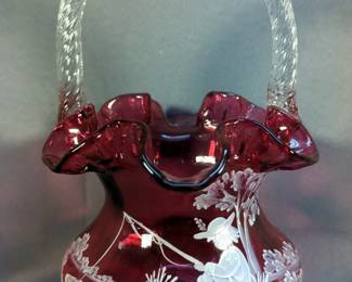 Fenton Mary Gregory Hand Painted "Gone Fishing" Glass Basket With Ruffled Edge, Painted By S. Hart, Numbered 1062/2250, 7.5" Tall