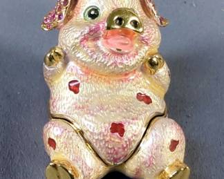 Jeweled Magnetic Trinket Boxes, Including Penguin, Pigs, Bassett Hound And More, Total Qty 6