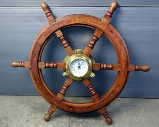 Nautical Theme Table, 19" x 26", Ships Wheel Clock, 23", Wall Wheel, 16" And Titanic Life Preserver Decor, 19" Wide