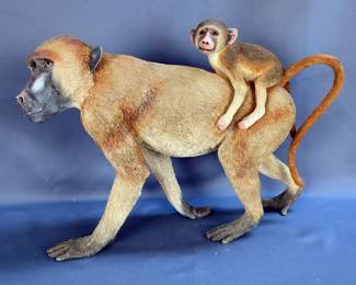 Baboon And Baby Resin Statue, 14" x 18" 