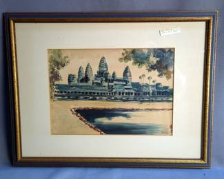 Cambodian Watercolor Artwork, Matted And Framed, 14.5" x 19", Qty 2 