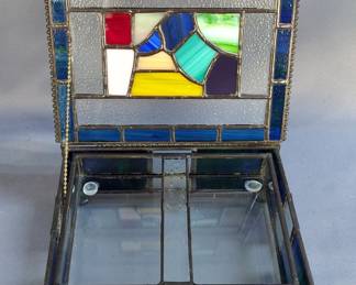 Stained Glass Trinket Box, 2.5" x 7.5" x 6", Stained Glass Folding Frame And Pewter Velvet Lined Jewelry Box