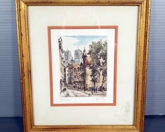European Street Scene Print, Framed Under Glass, Illegible Artist Signature, 11" x 9.5" 